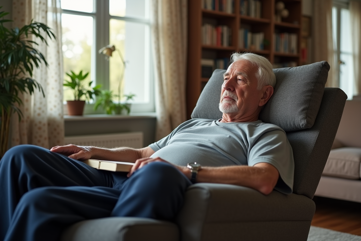 Homme âgé relaxant dans un fauteuil avec un livre