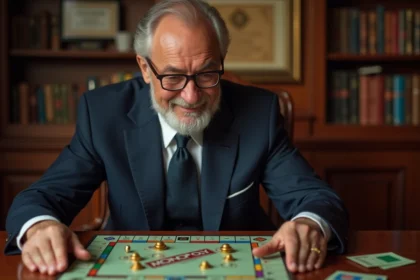 Homme d'âge moyen en costume navy jouant au Monopoly