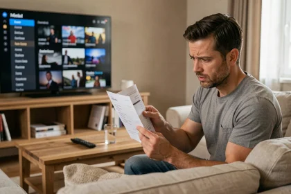 Homme vérifiant sa facture d'abonnement Freebox devant un téléviseur affichant un guide des chaînes