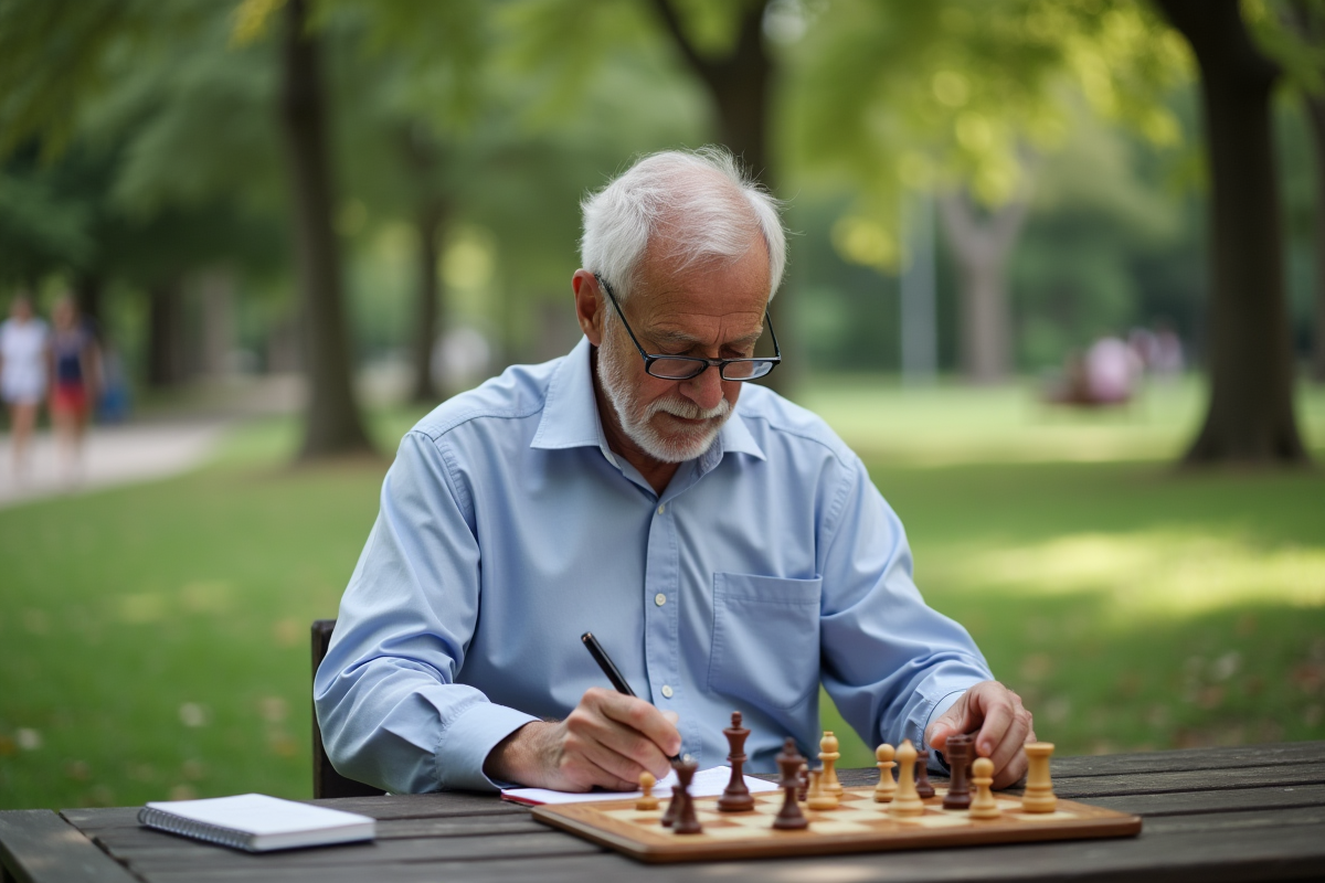 Homme âgé joue aux échecs en plein air dans un parc