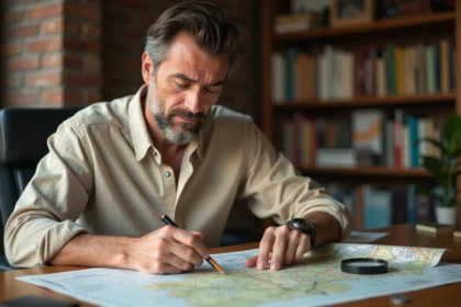 Homme étudiant une carte land allemande sur un bureau en bois avec une loupe et un crayon