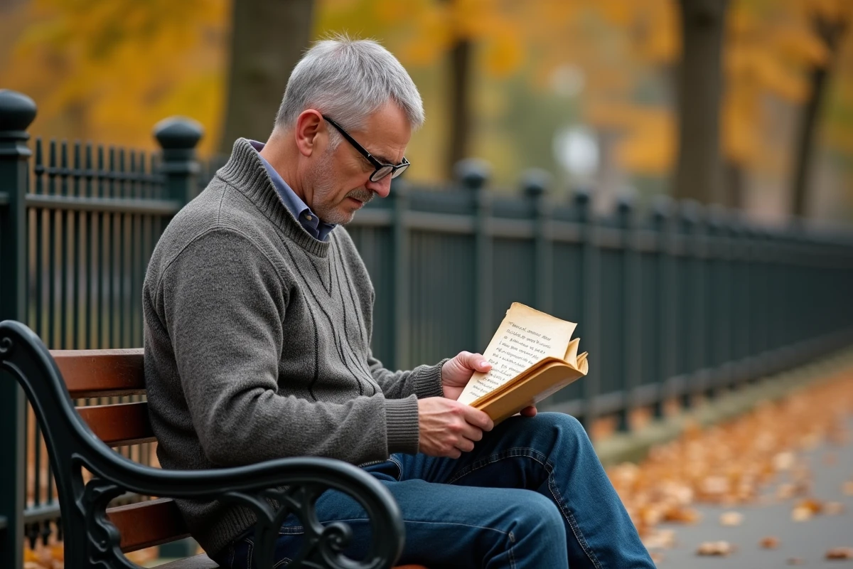 Homme lisant des paroles de chanson dans un parc automnal
