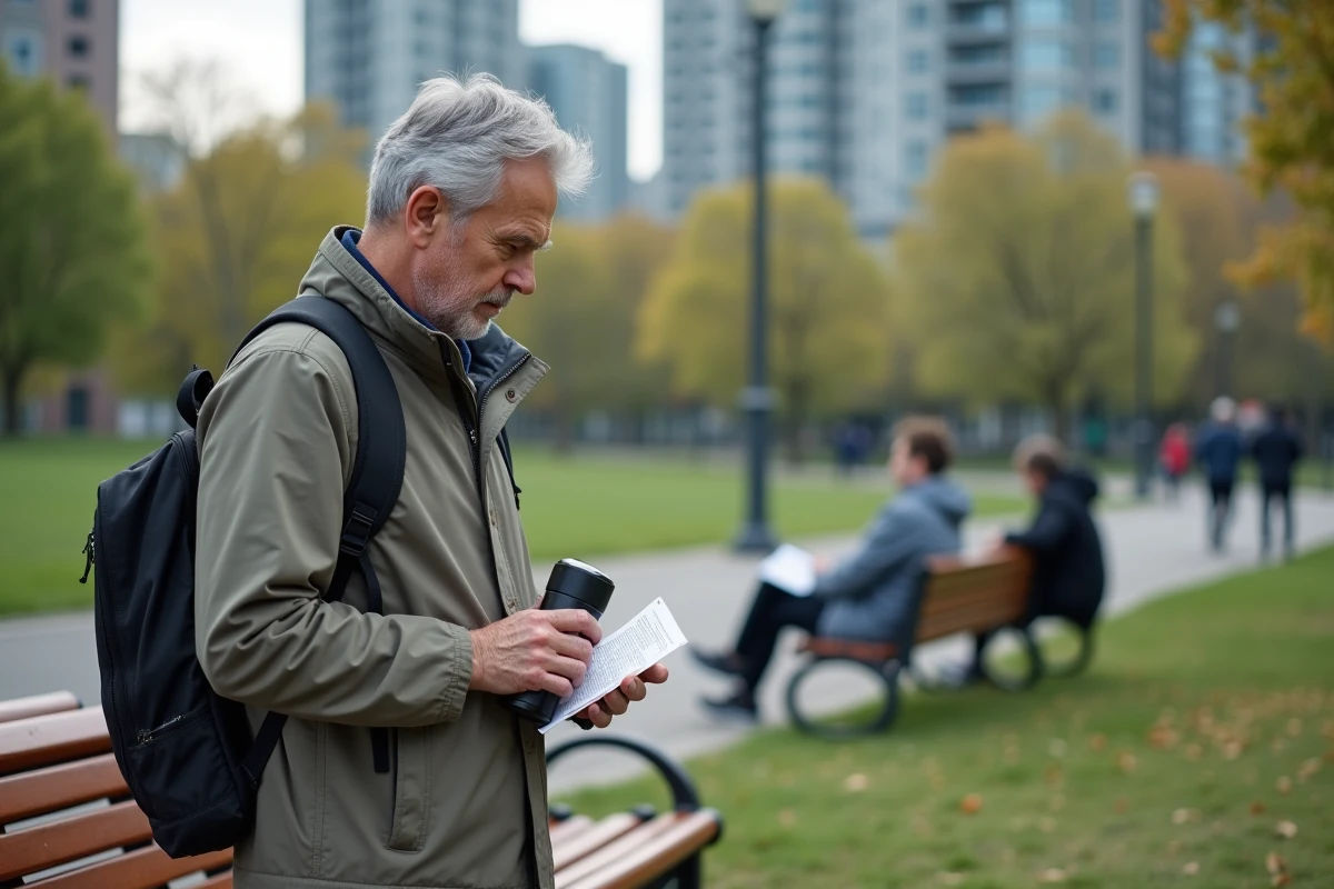 Homme lisant un spray de sécurité dans un parc urbain