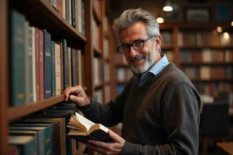 Homme d'âge moyen feuilletant un livre d'histoire française dans une librairie chaleureuse