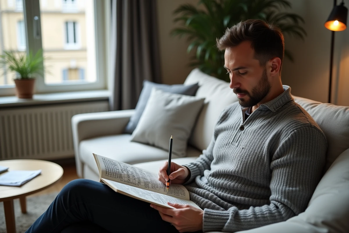 Homme réfléchi tenant un magazine de mots croisés ouvert sur ses genoux dans un salon moderne