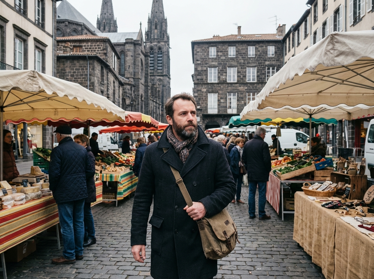 Homme avec manteau dans un marché animé à Clermont-Ferrand