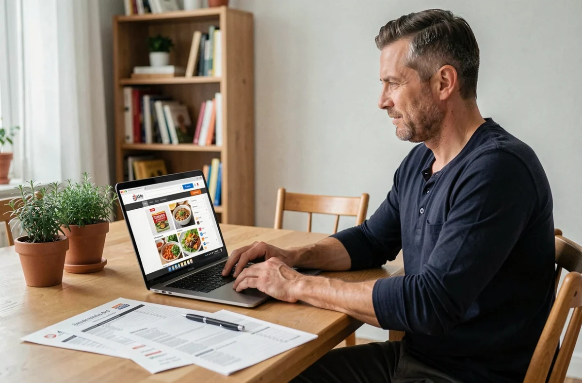Homme organisant son menu hebdomadaire sur un ordinateur portable avec un service de courses en ligne à domicile, entouré de fiches repas