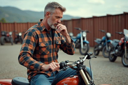 Homme inspectant un motocross usé en extérieur