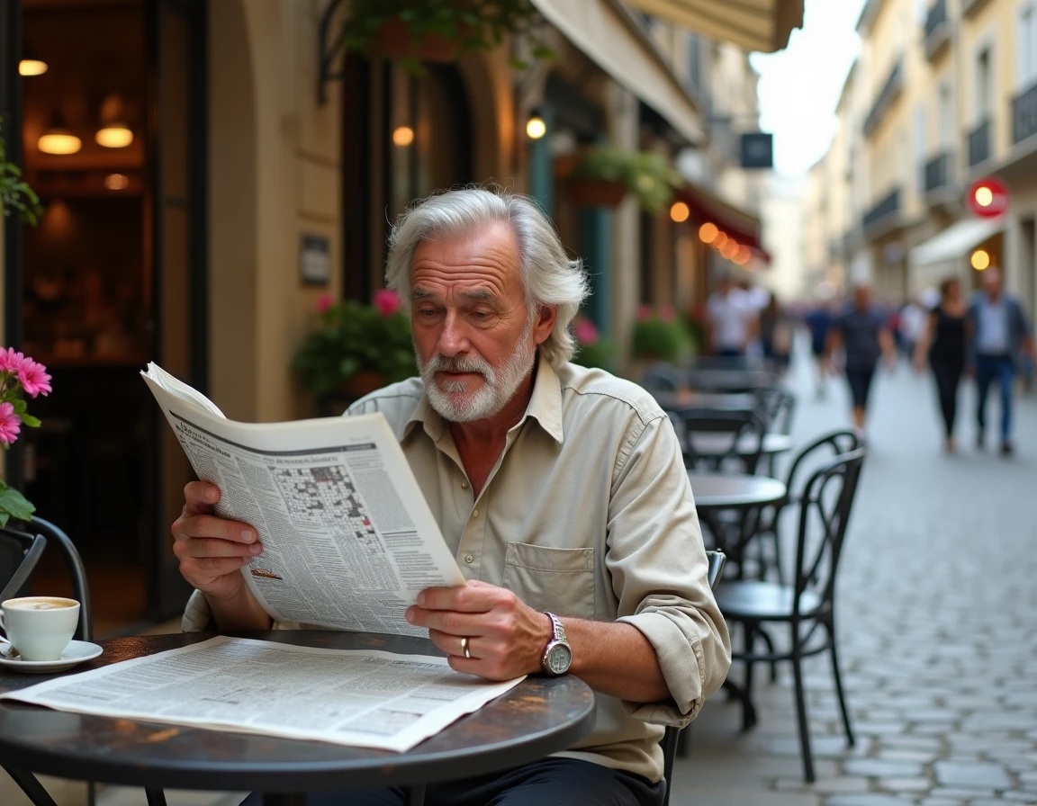 Homme résolvant des mots croisés à 9 lettres dans un café parisien en terrasse