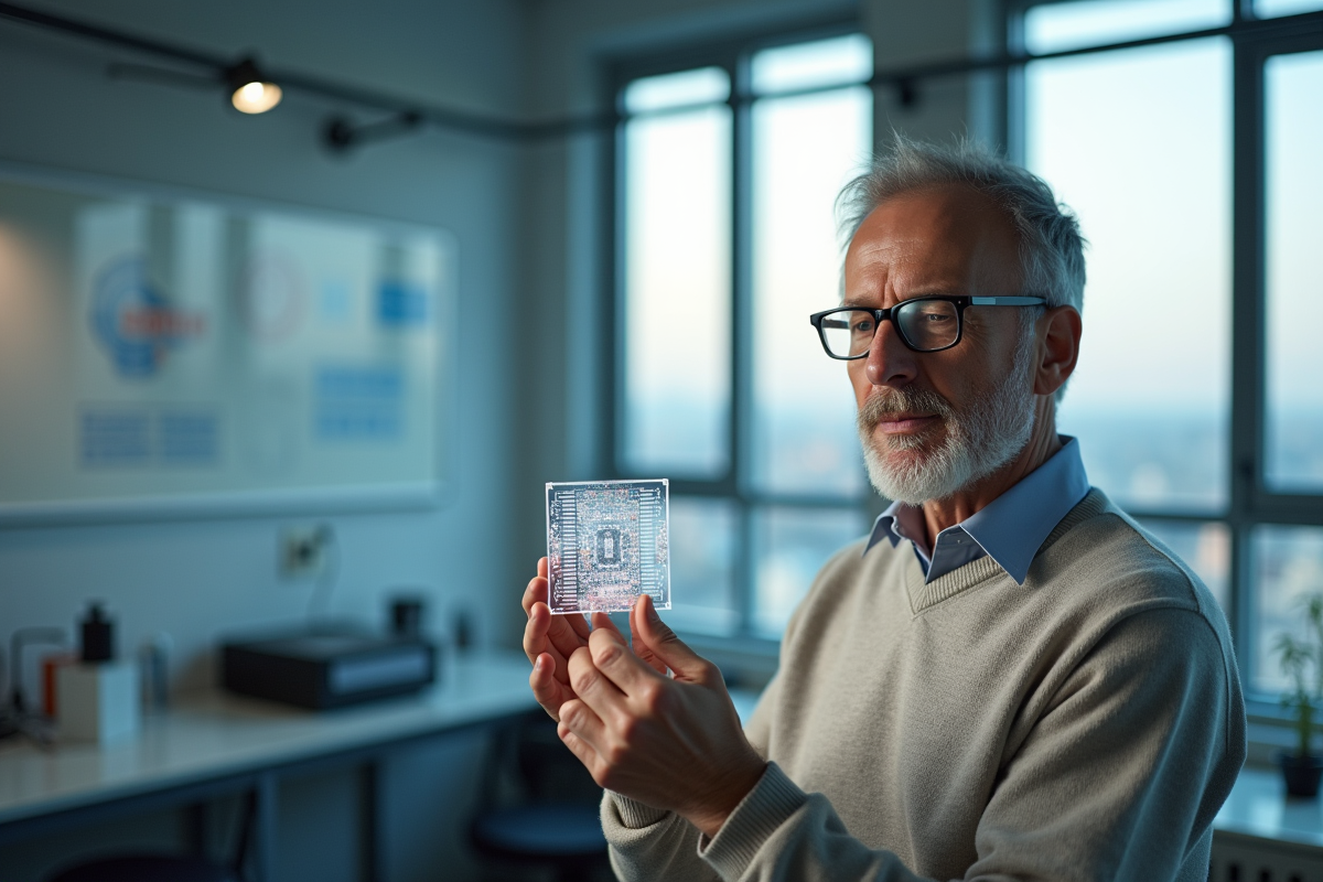 Homme tenant un modele de circuit quantique dans un laboratoire