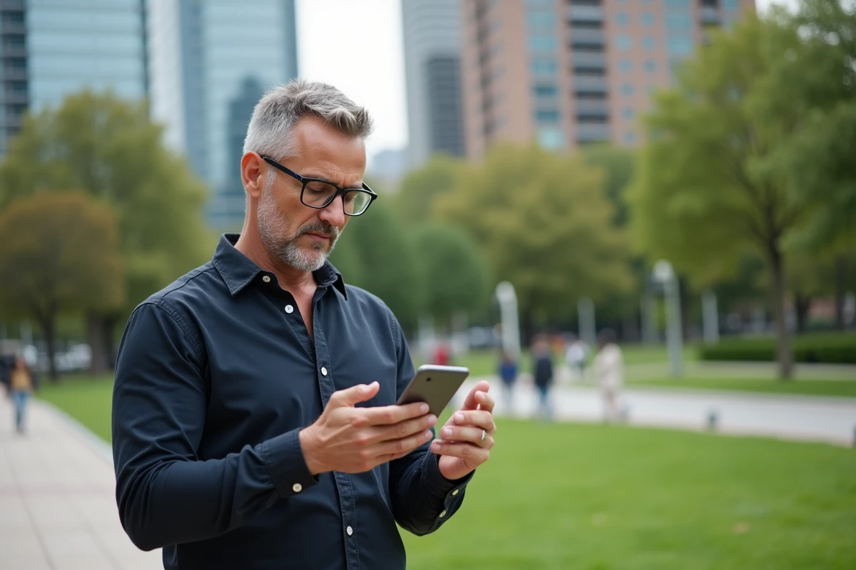 Homme lisant des avis sur son smartphone dans un parc urbain