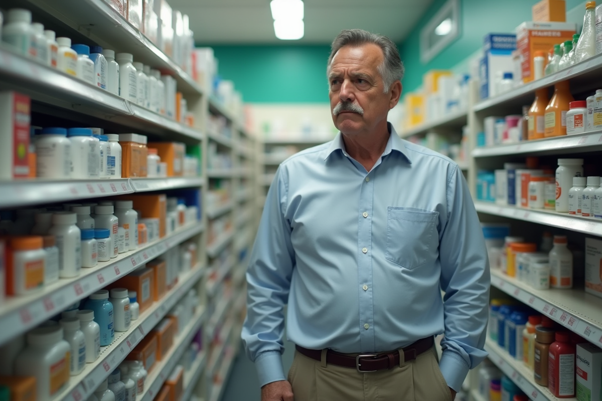 Homme recherchant des médicaments en pharmacie