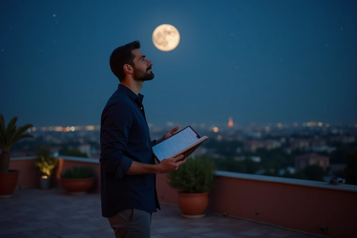 Homme consultant son planning mensuel sous une pleine lune sur une terrasse urbaine
