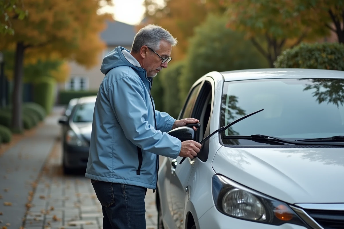 Homme middleaged changeant un essuie-glace sur sa voiture