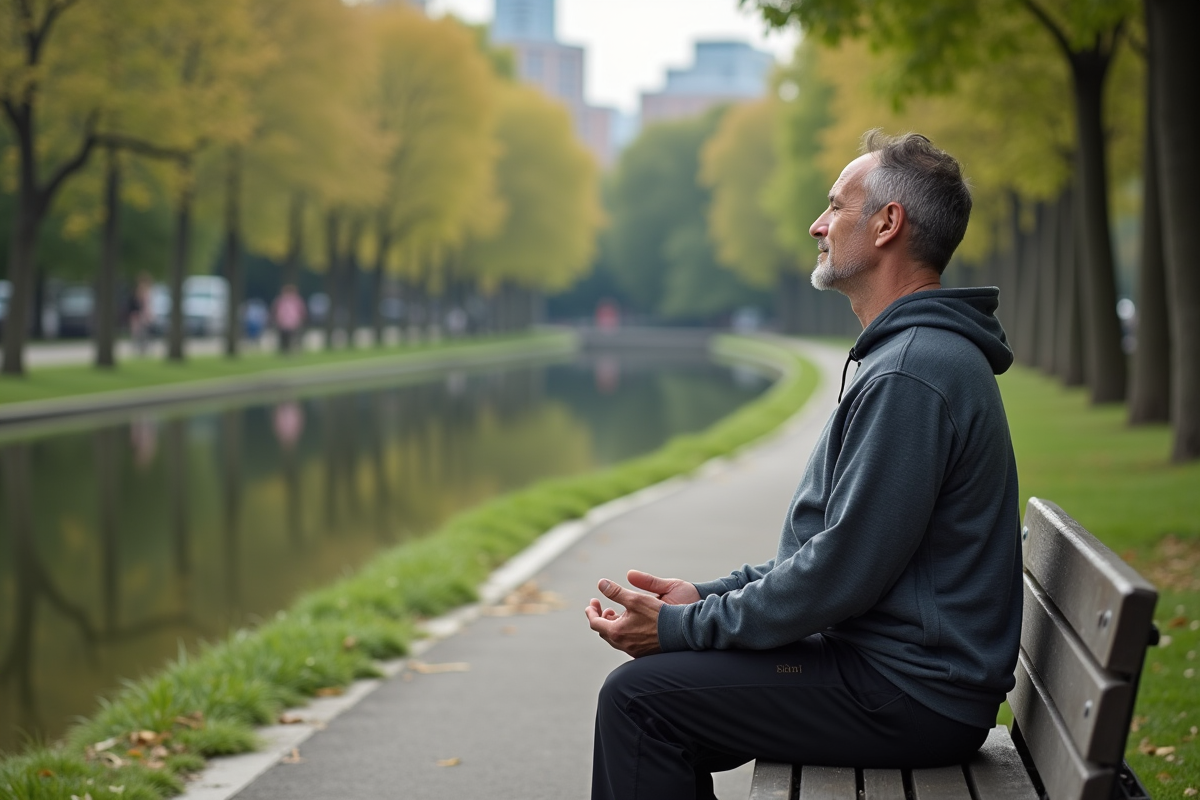 Homme méditant dans un parc urbain calme