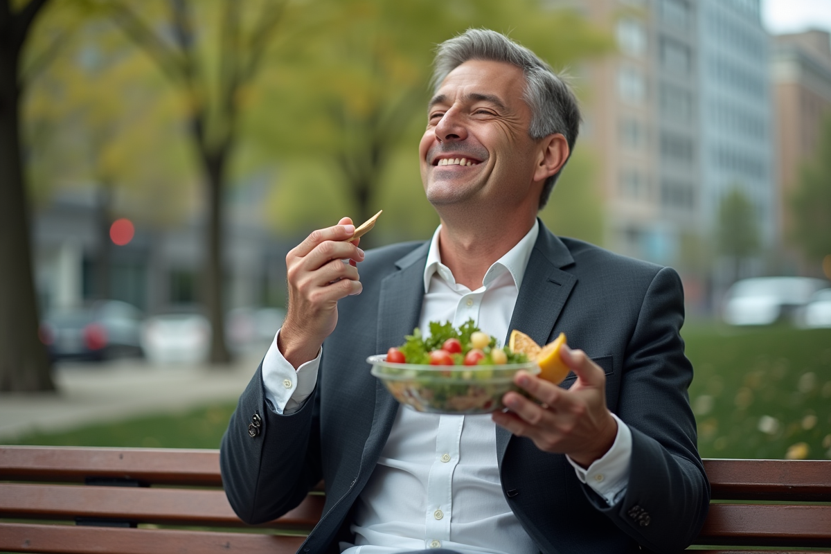 Homme mangeant une salade dans un parc urbain
