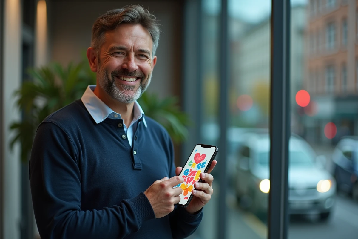 Homme souriant tenant un smartphone avec une carte de vœux animée humoristique à l'écran