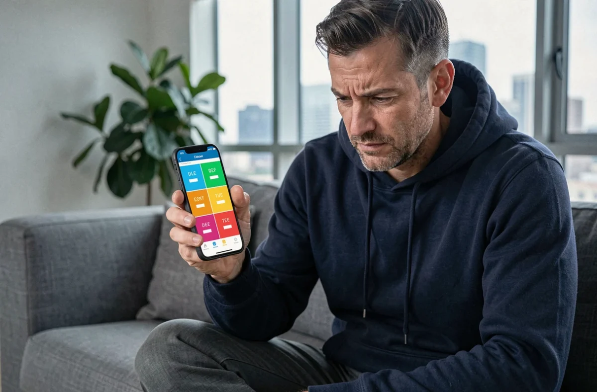 Homme jouant au jeu mobile 4 images 1 mot sur smartphone dans un appartement moderne