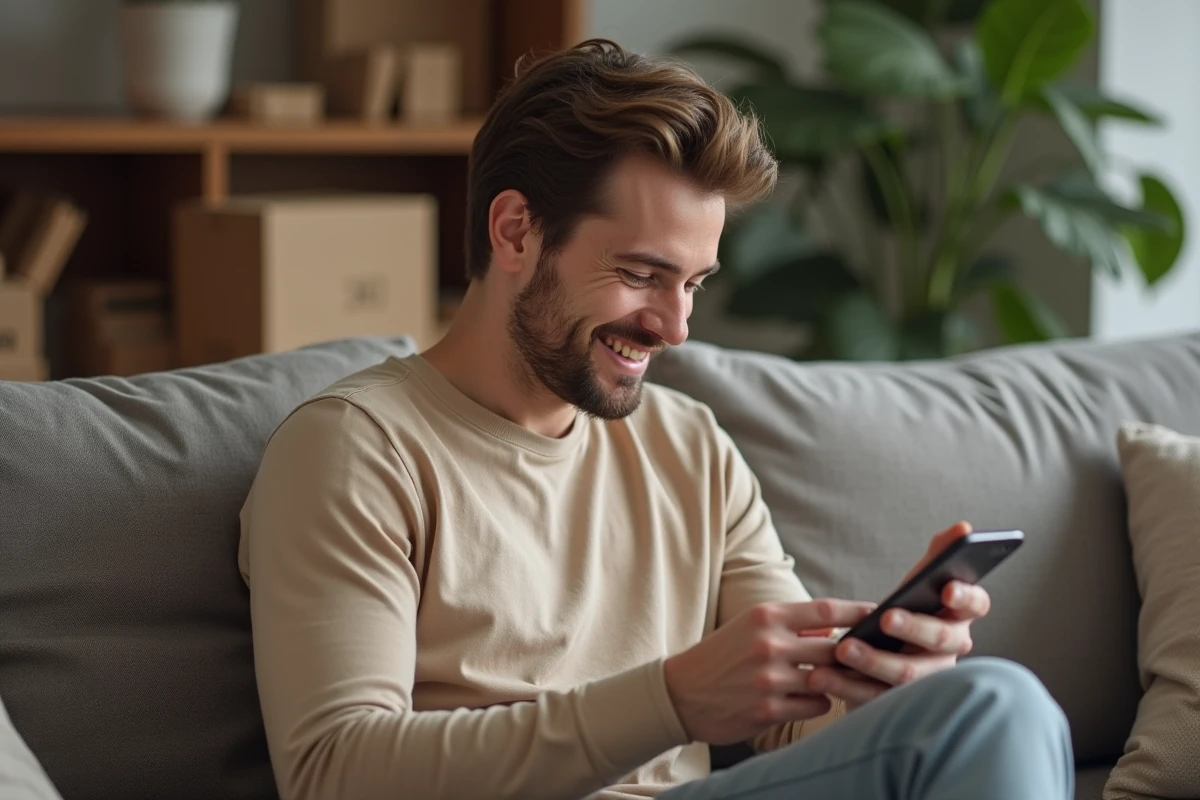 Homme détendu regardant son smartphone dans le salon