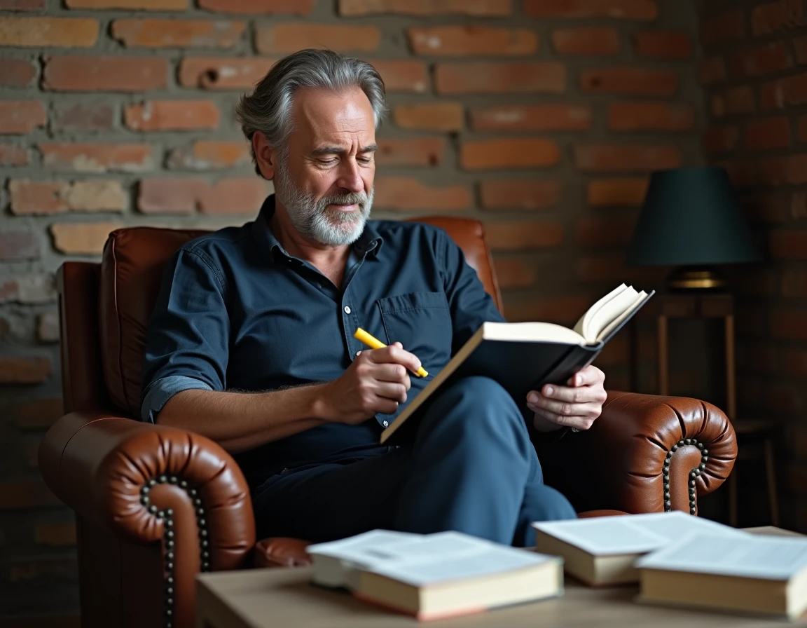 Homme surlignant des citations dans un livre depuis un fauteuil en cuir avec des fiches de notes