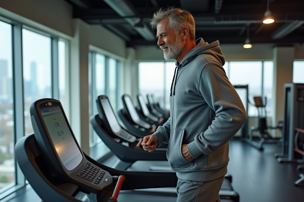Homme en marche sur un tapis de course en salle de sport moderne