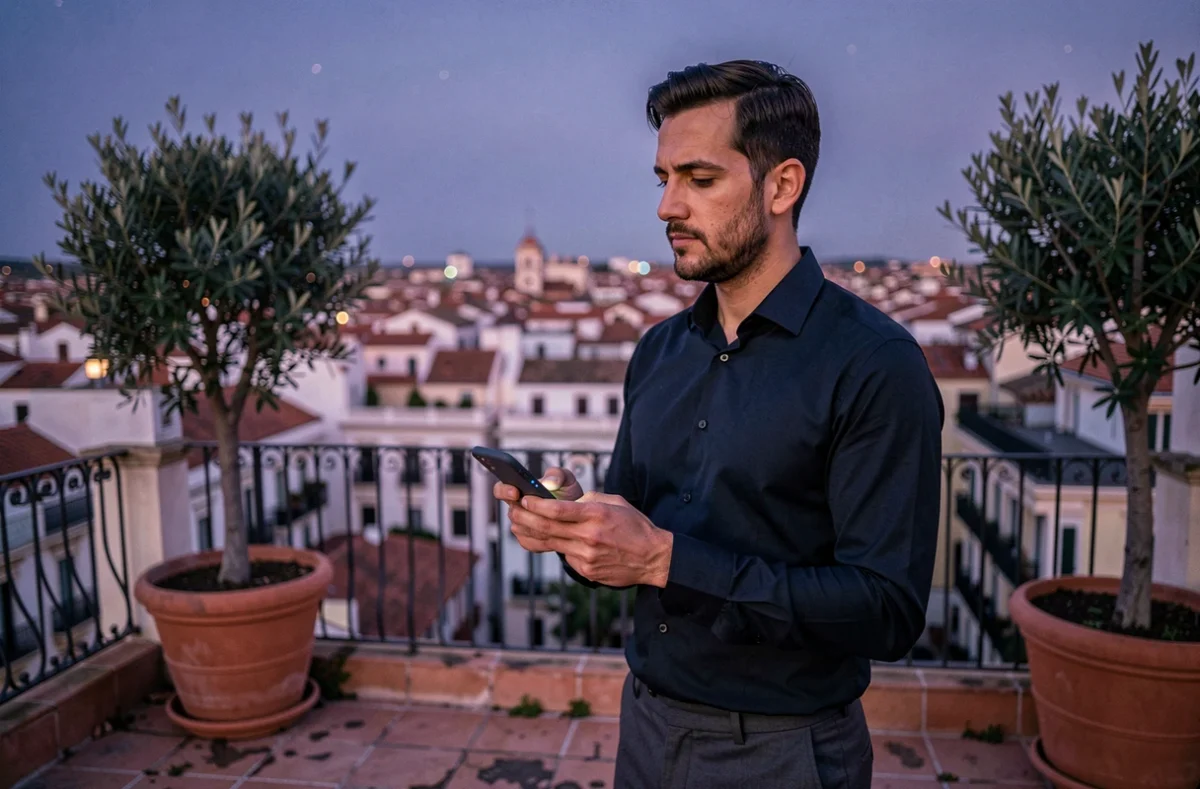 Homme sur un toit urbain regardant l'heure 22h55 sur son téléphone, contemplant la signification énergétique de cette heure pour les flammes jumelles