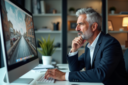 Homme d'âge moyen travaillant sur une œuvre digitale dans un bureau moderne