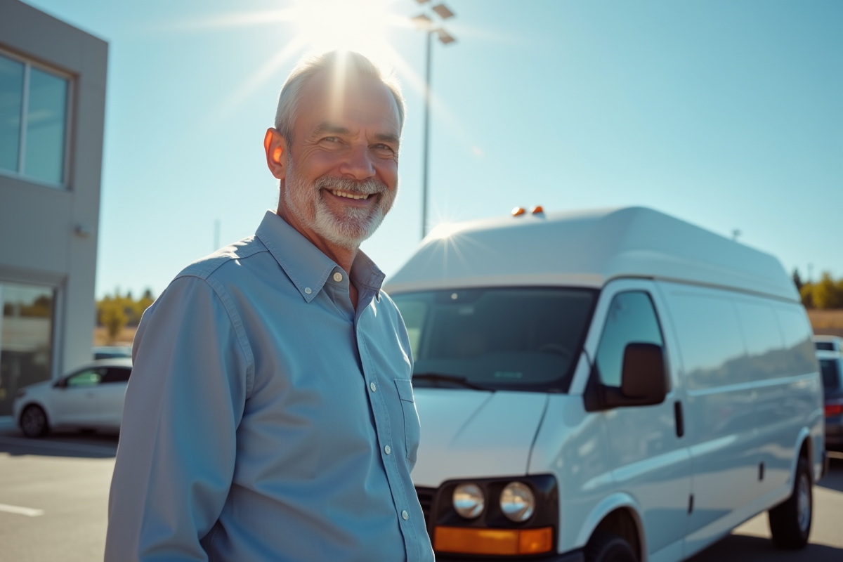 Homme souriant examinant une voiture d'occasion blanche