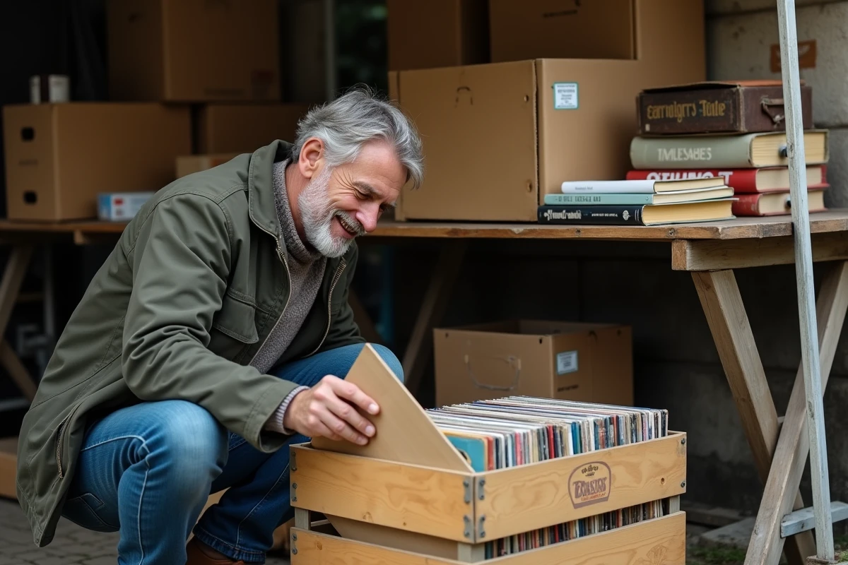 Homme feuilletant des disques vinyles anciens dans une caisse en bois lors d'une brocante en Moselle