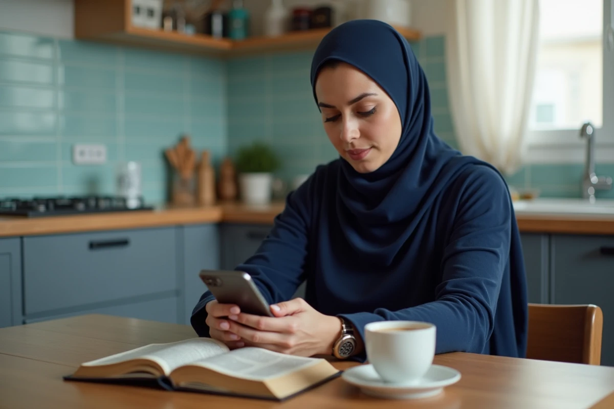 Femme consultant les horaires de prière islamique sur smartphone dans un appartement à Toulon