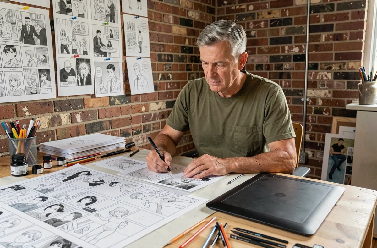 Un illustrateur de manga travaillant dans son studio, représentant les créateurs dont les droits sont protégés par les plateformes de streaming légales contre le piratage