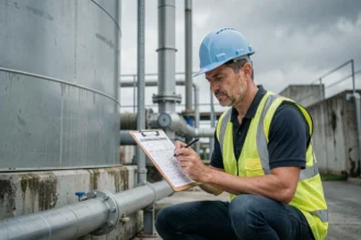Ingénieur mesurant la capacité d'un réservoir industriel pour convertir des litres en mètres cubes sur un site industriel