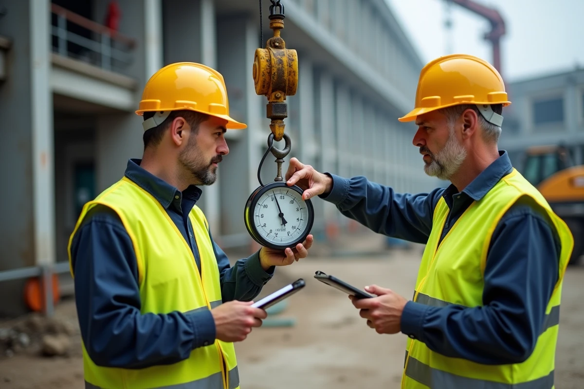 Deux ingénieurs sur chantier examinant un dynamomètre mécanique suspendu pour évaluation terrain