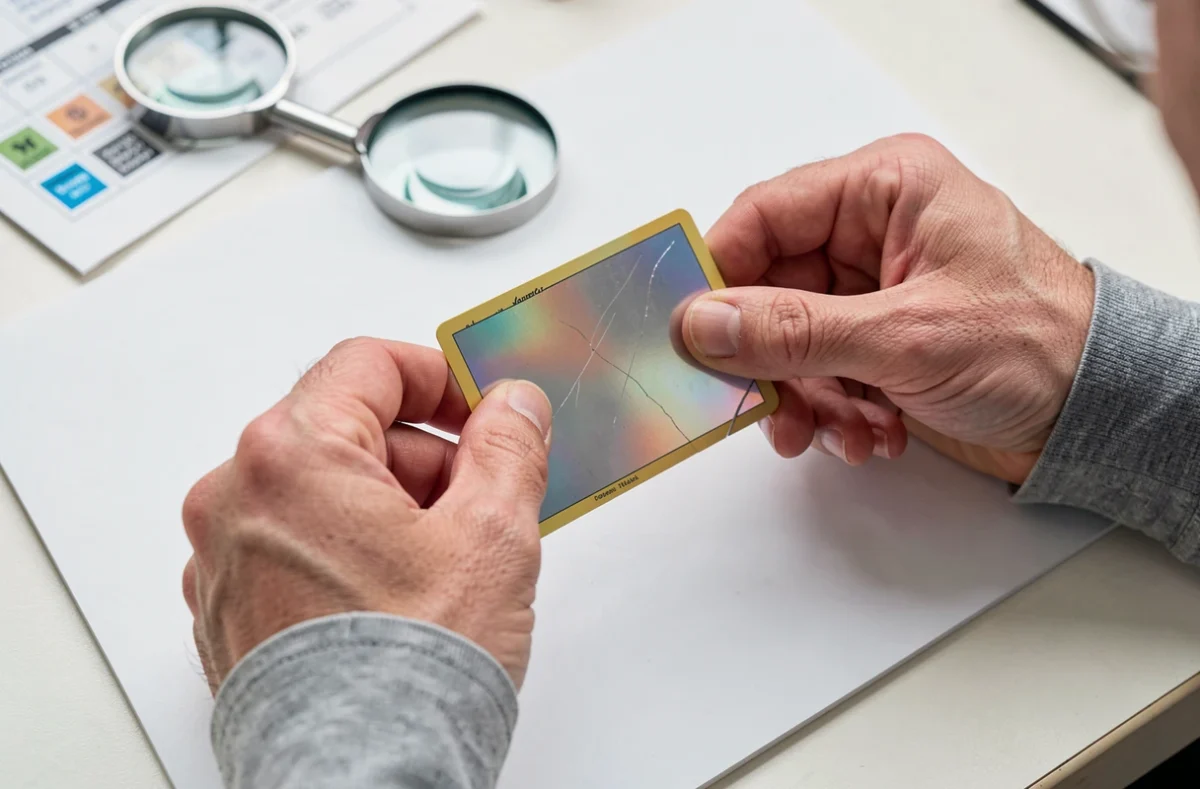 Collectionneur inspectant une carte Pikachu rare avec rayures et pli réduisant sa valeur de cotation