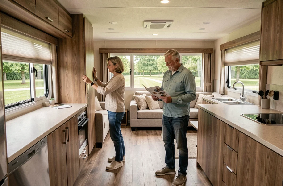 Intérieur spacieux et moderne d'un mobil-home haut de gamme pour une résidence de loisirs