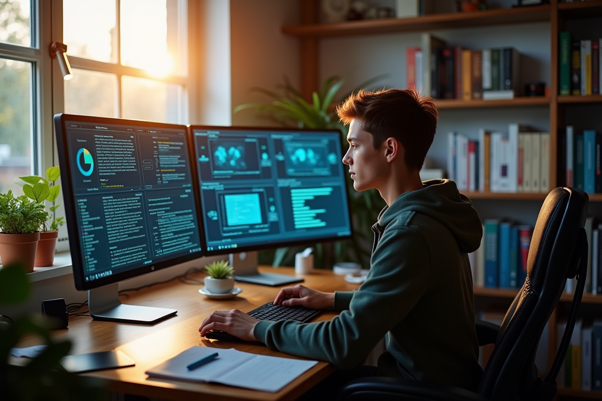 Jeune adulte analysant des données de cybersécurité à la maison