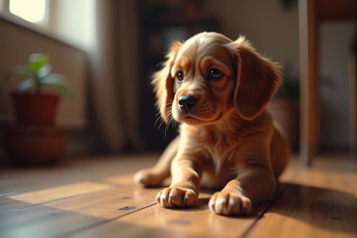 Jeune cocker spaniel en intérieur près d’un sol en bois vintage