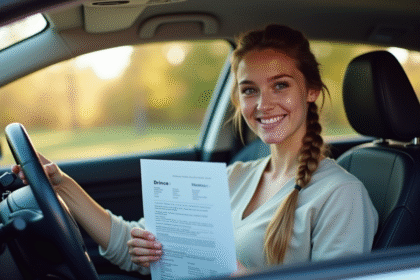 Jeune adulte souriant avec permis de conduire dans la voiture