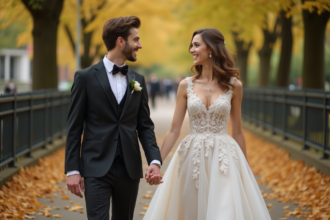 Jeune couple en mariage dans un parc urbain