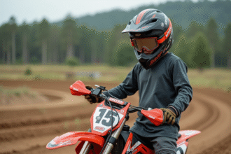 Jeune garçon motocross ajustant ses protections en extérieur