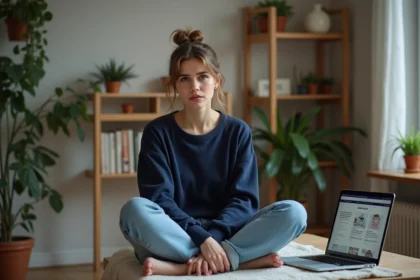 Jeune femme concentrée dans son bureau à domicile avec ordinateur