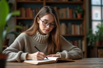 Jeune femme écrivant mots rares en français dans un carnet