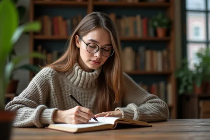Jeune femme écrivant mots rares en français dans un carnet