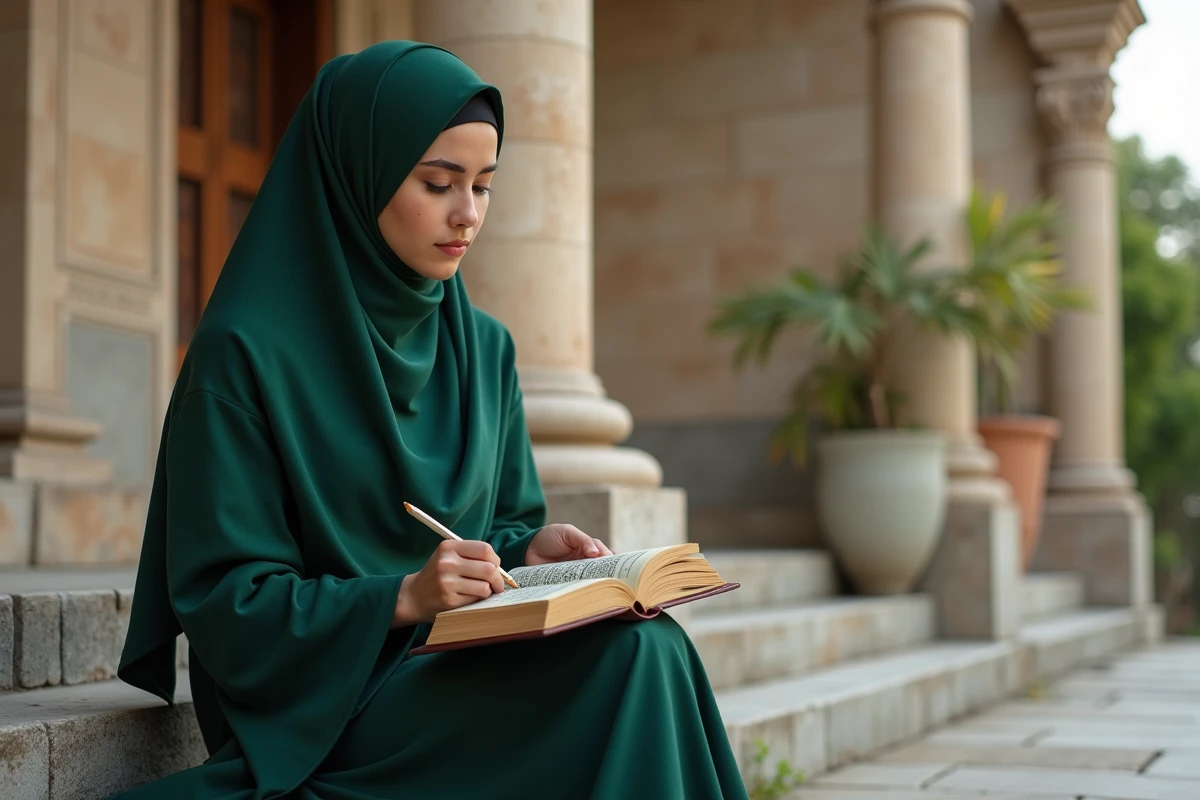 Jeune femme musulmane en hijab sur les escaliers du mosque