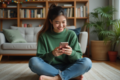Jeune femme jouant à Google Snake sur smartphone dans un salon cosy