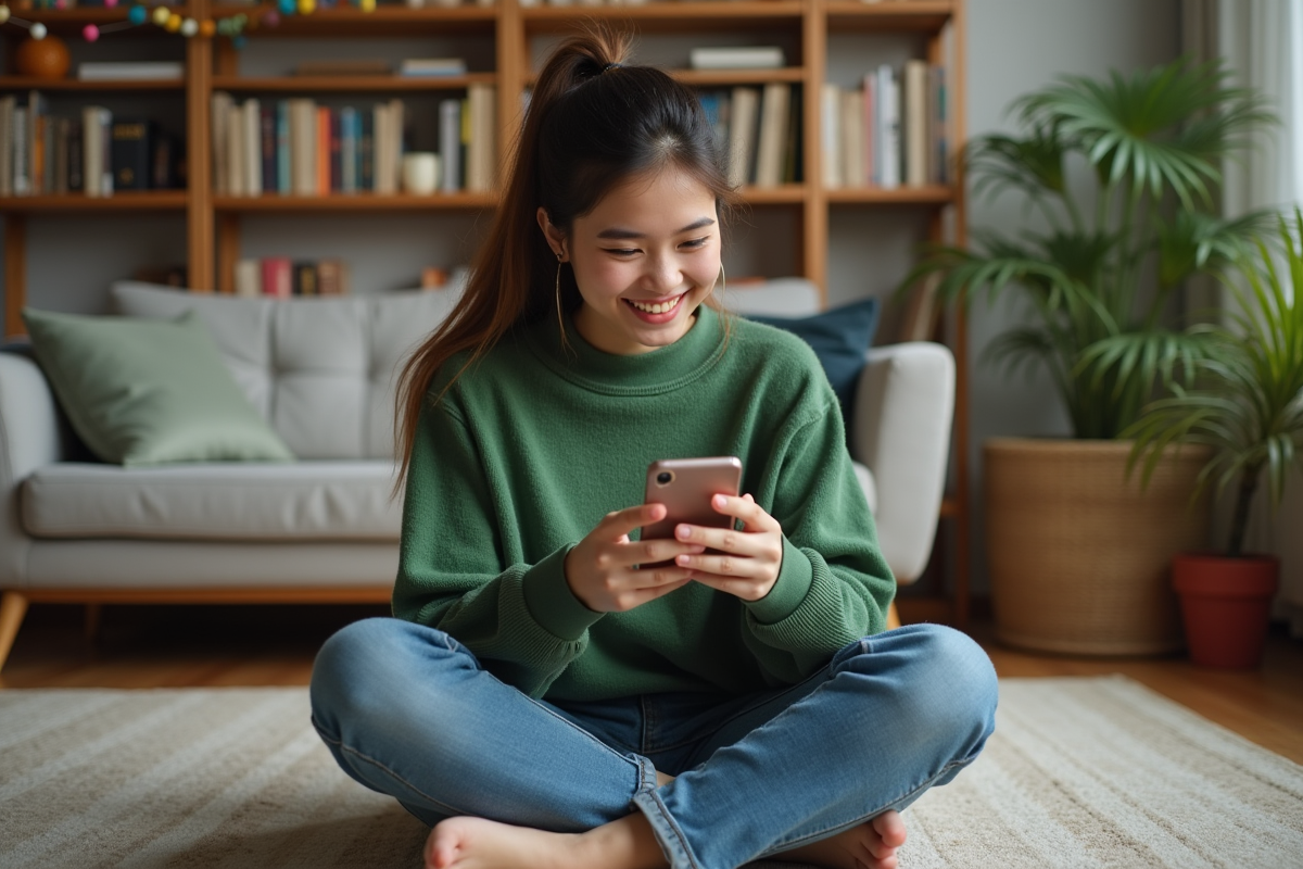 Jeune femme jouant à Google Snake sur smartphone dans un salon cosy