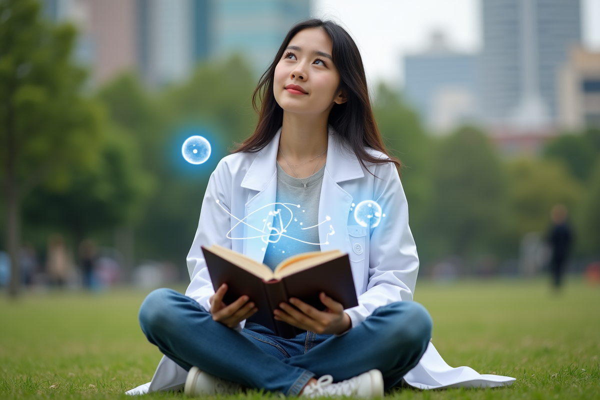 Jeune femme en park urbain lisant un livre sur la physique quantique