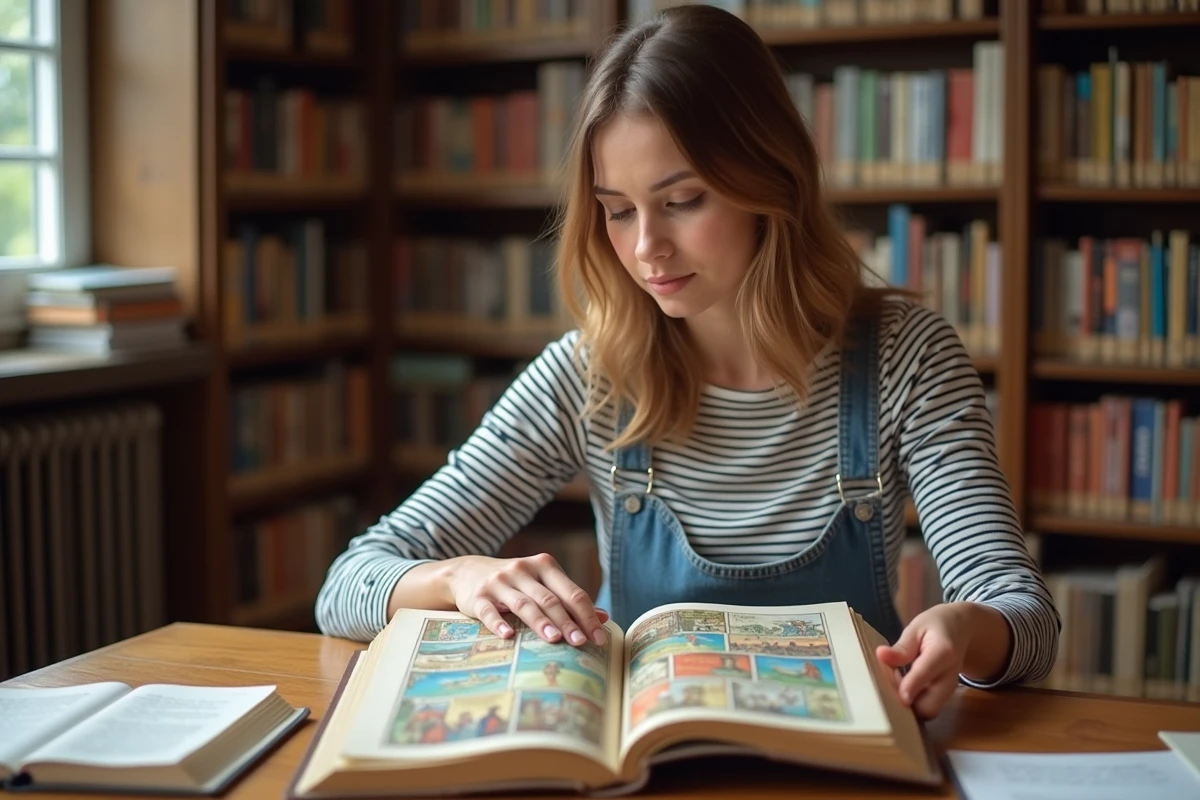 Jeune femme lisant un livre illustré d