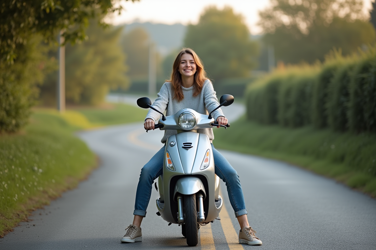 Jeune femme souriante sur moped en campagne