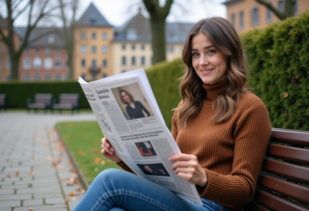 Jeune femme souriante lisant un mots fléchés dans un parc urbain suisse